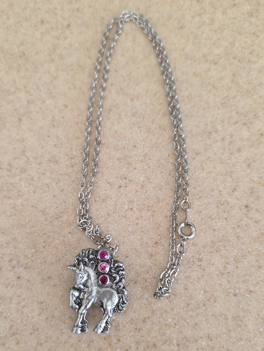 Vintage Pewter Unicorn Pendant Necklace with Pink Accents